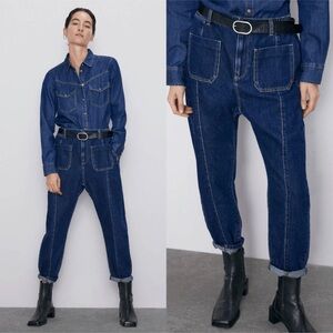 Zara Women’s size 8 Baggy Jeans Seamed Dark Wash Denim Front Patch Pockets Retro
